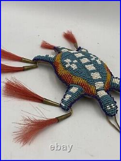 Native American Leather Fetish Beaded Turtle Amulet With Horse Hair RARE