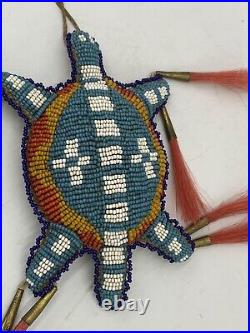 Native American Leather Fetish Beaded Turtle Amulet With Horse Hair RARE