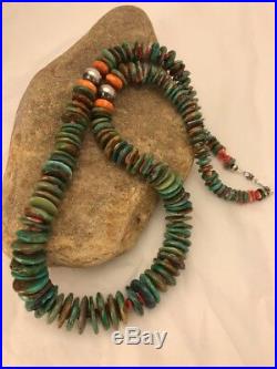 Native American Navajo Green Turquoise Sterling Silver Spiny Necklace 27Rare