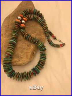 Native American Navajo Green Turquoise Sterling Silver Spiny Necklace 27Rare