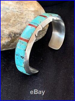 Native American Navajo Sterling Silver Turquoise Coral Inlay Bracelet 4664 Rare