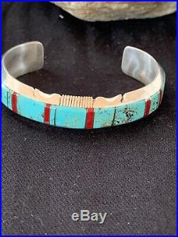 Native American Navajo Sterling Silver Turquoise Coral Inlay Bracelet 4664 Rare