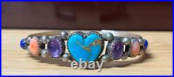 Native American Navajo Sterling Silver Turquoise Heart Cuff Bracelet Signed RARE
