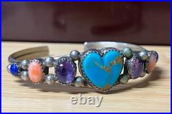 Native American Navajo Sterling Silver Turquoise Heart Cuff Bracelet Signed RARE