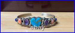 Native American Navajo Sterling Silver Turquoise Heart Cuff Bracelet Signed RARE