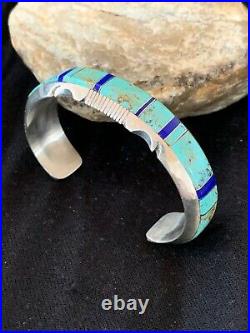 Native American Navajo Sterling Silver Turquoise Lapis Inlay Bracelet 4668 Rare