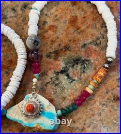 Native American Ocean Shell Heishi Necklace, Royston Ribbon Turquoise, Gemstones