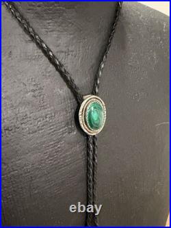 Native American Rare Vintage Navajo Malachite Sterling Silver Bolo Tie Signed RJ Native American Rare Vintage Navajo Malachite Sterling Silver Bolo Tie Signed RJ
