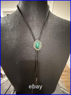 Native American Rare Vintage Navajo Malachite Sterling Silver Bolo Tie Signed RJ