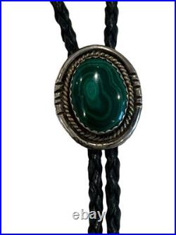 Native American Rare Vintage Navajo Malachite Sterling Silver Bolo Tie Signed RJ