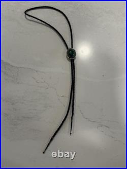 Native American Rare Vintage Navajo Malachite Sterling Silver Bolo Tie Signed RJ