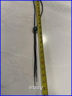 Native American Rare Vintage Navajo Malachite Sterling Silver Bolo Tie Signed RJ