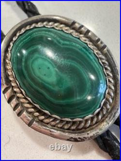 Native American Rare Vintage Navajo Malachite Sterling Silver Bolo Tie Signed RJ