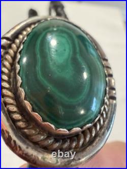 Native American Rare Vintage Navajo Malachite Sterling Silver Bolo Tie Signed RJ