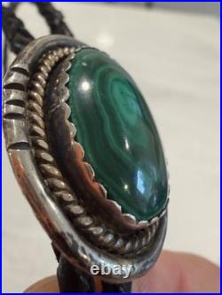 Native American Rare Vintage Navajo Malachite Sterling Silver Bolo Tie Signed RJ