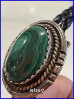Native American Rare Vintage Navajo Malachite Sterling Silver Bolo Tie Signed RJ