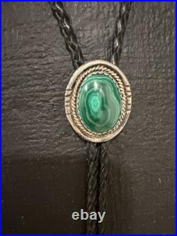 Native American Rare Vintage Navajo Malachite Sterling Silver Bolo Tie Signed RJ