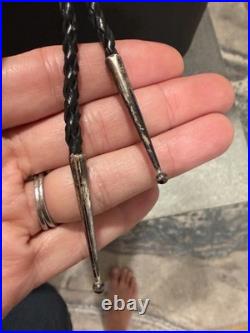 Native American Rare Vintage Navajo Malachite Sterling Silver Bolo Tie Signed RJ
