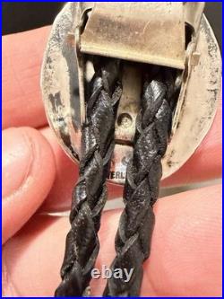 Native American Rare Vintage Navajo Malachite Sterling Silver Bolo Tie Signed RJ