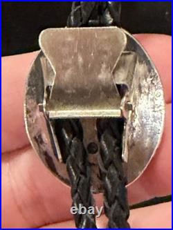 Native American Rare Vintage Navajo Malachite Sterling Silver Bolo Tie Signed RJ