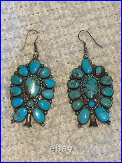 Native American Rare Zuni Jack Weekoty Silver Turquoise Squash Blossom Earrings