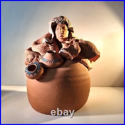 Native American Sculpture Holing Pot Seller Red Clay RARE Signed Hernandez