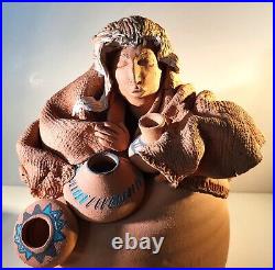 Native American Sculpture Holing Pot Seller Red Clay RARE Signed Hernandez