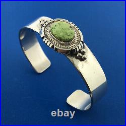Native American Signed 925 Sterling Silver Rare Green Turquoise Cuff Bracelet