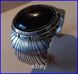 Native American Sterling Onyx Cuff Bracelet Signed D. Delgarito 87-RARE