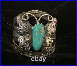 Native American Sterling Silver And Turquoise Wide Cuff Butterfly Bracelet Rare