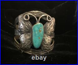 Native American Sterling Silver And Turquoise Wide Cuff Butterfly Bracelet Rare