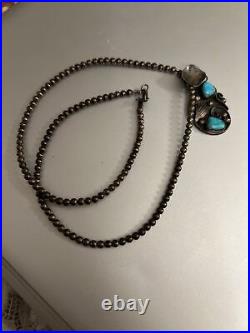 Native American Sterling Silver Navajo Signed Turquoise Necklace Old Rare