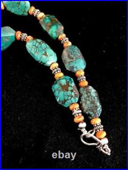 Native American Sterling Silver Rare Green Turquoise Spiny Oyster Bead Necklace