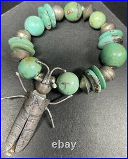 Native American Turquoise And Sterling Grasshopper Bracelet Very Rare
