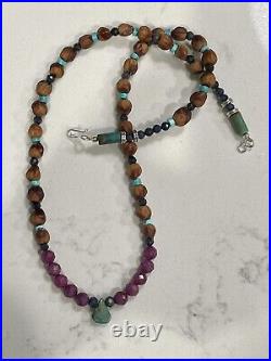Native American Turquoise Necklace, Carico Lake Ghost Beads, Rubies, Sapphires