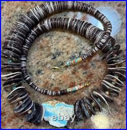 Native American Violet Oyster Shell Necklace w Boulder Royston Ribbon Turquoise