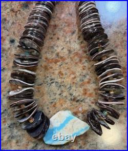 Native American Violet Oyster Shell Necklace w Boulder Royston Ribbon Turquoise
