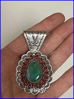 Native American jewelry pendant Red coral turquoise ERB! Very rare