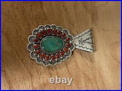 Native American jewelry pendant Red coral turquoise ERB! Very rare
