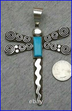 Navajo ALEX SANCHEZ Dragonfly Pendant Sterling Silver Turquoise, RARE, GIGANTIC
