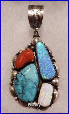 Navajo Clem Nalwood Pendant Turquoise, Coral, Blue Opal, White Opal Very Rare