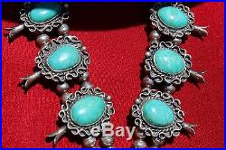 Navajo OLD Bench Bead Squash Blossom Sterling Turquoise RARE Necklace 137g