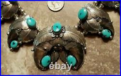 Navajo RICHARD BITSIE Squash Blossom Necklace Turquoise Sterling, 305g, 30 RARE