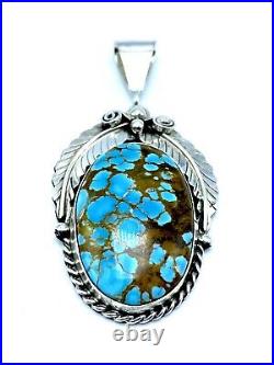 Navajo Sterling Silver #8 Turquoise Pendant Handmade By Betta Lee Leaf Work Rare