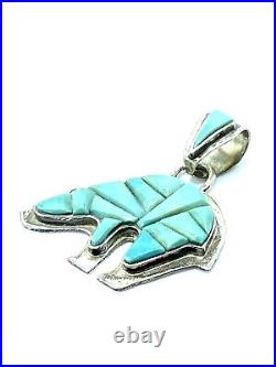 Navajo Sterling Silver Inlay Turquoise Bear Pendant Handmade By Merle House Rare