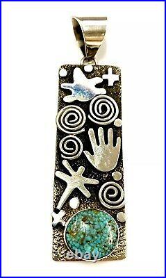 Navajo Sterling Silver Petroglyph Kingman Turquoise Pendent By Alex Sanchez Rare