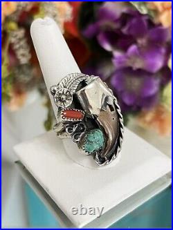Nickel Silver Men's Native American Leaf Turquoise Coral Ring Band Rare Sz 10.5