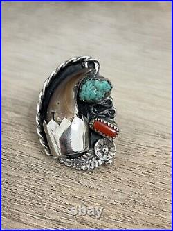Nickel Silver Men's Native American Leaf Turquoise Coral Ring Band Rare Sz 10.5