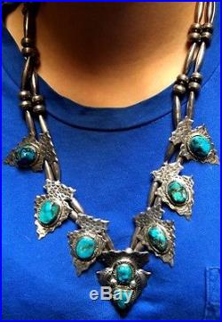 OLD PAWN Native American Sterling Silver Turquoise RARE Arrowhead Squash Blossom