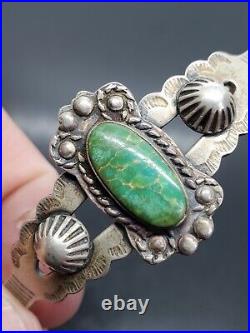 Old Native American Green Turquoise Gem Sterling Silver Bracelet Rare Stampwork